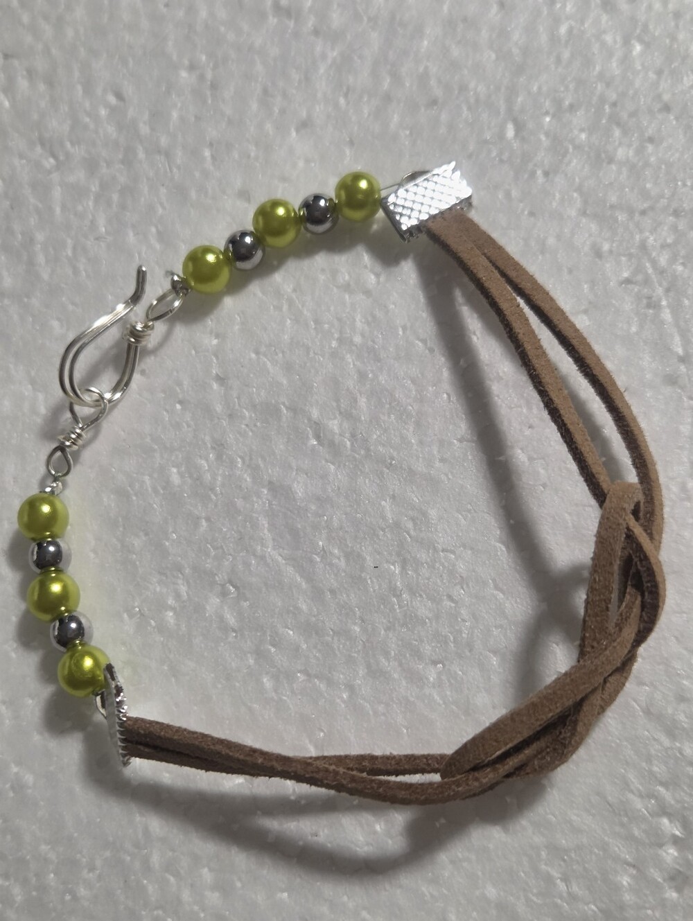 Handcrafted Green Pearl & Brown Suede Bracelet